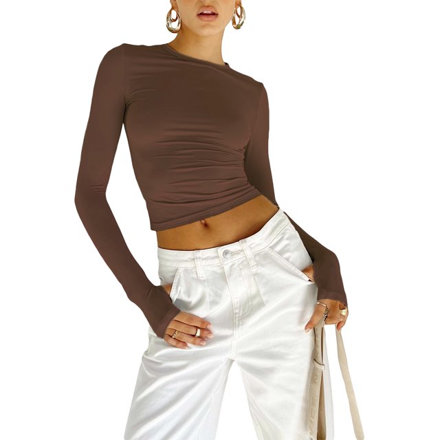 RWJDXD Hauts à Manches Longues pour Femmes Col Rond Superposition T-Shirt Ajusté Polyvalent pour Sortir avec Trous pour les Pouces