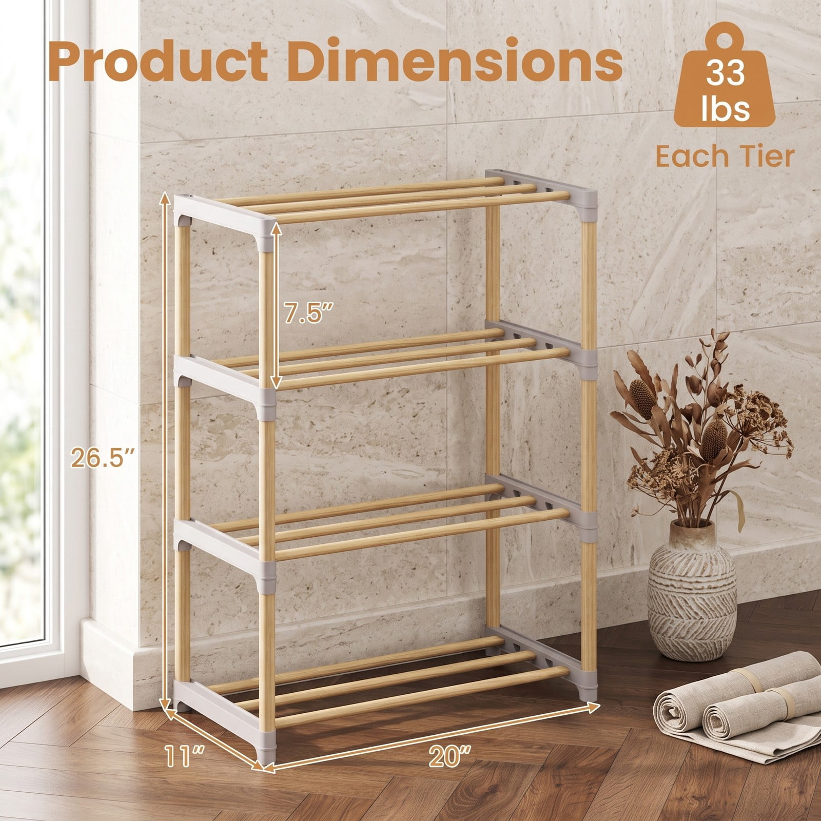 Furnibear 4-Tier Solid Pine Wood Shoe Rack with Slatted Open Shelves for Entryway Bedroom and Closet Storage, Natural and Gray