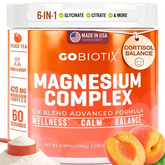 GoBiotix Magnesium Complex Powder with Magnesium Glycinate & Citrate, Peach Tea Flavor, 60 Servings