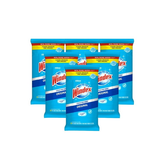 Windex Original Glass Wipes, Pre-Moistened Glass and Surface Wipes Clean and Provide a Streak-Free Shine, 38 Count, Pack of 6