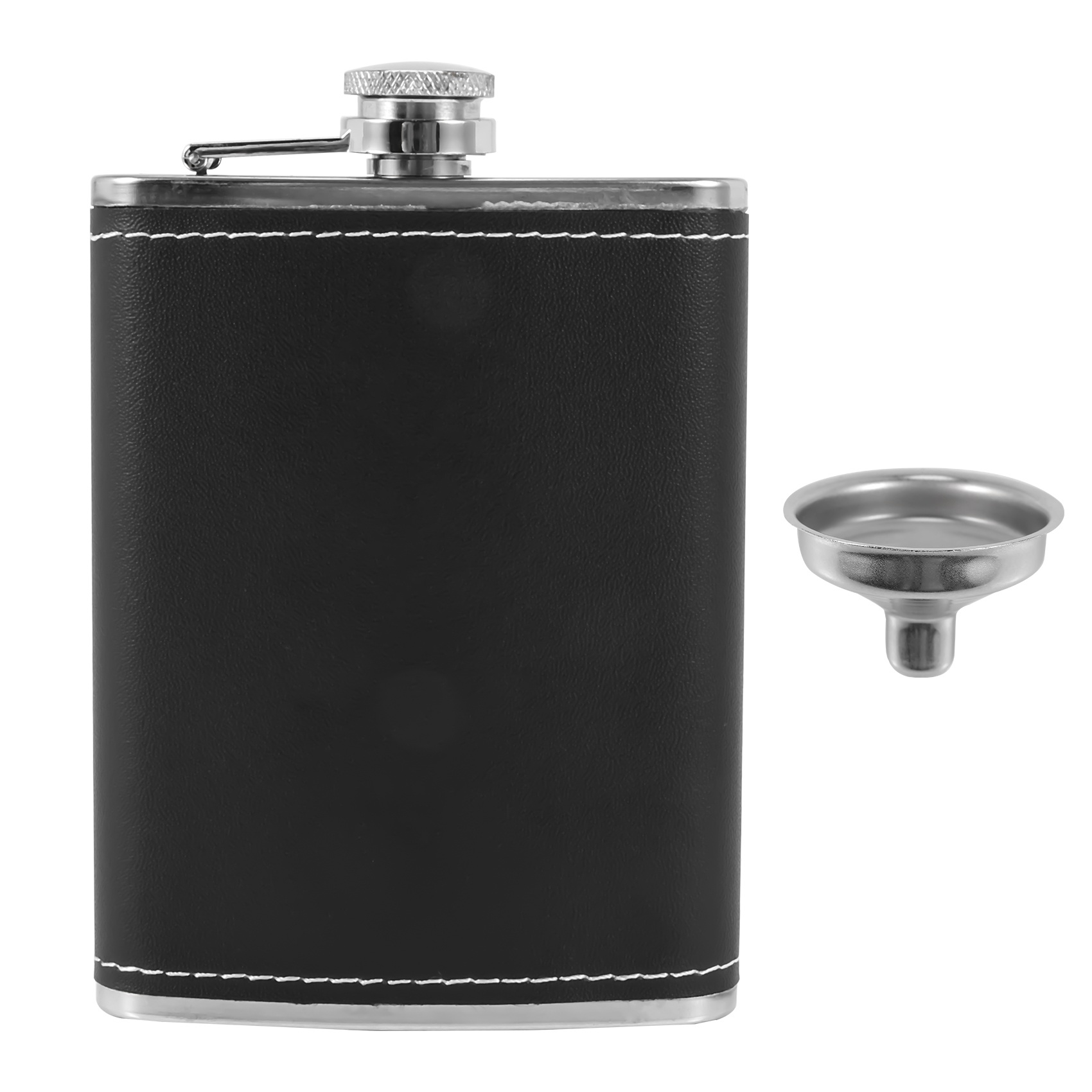Pocket Hip Flask 8 Oz with Funnel Stainless Steel with Black Leather