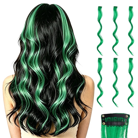 Uxcell 6 Pcs Colored Clip in Hair Extensions, 22 Inch Curly Hair Wavy Extensions for Women Girls Highlights Synthetic Wig for Party Cosplay Daily Hair Styling, Green