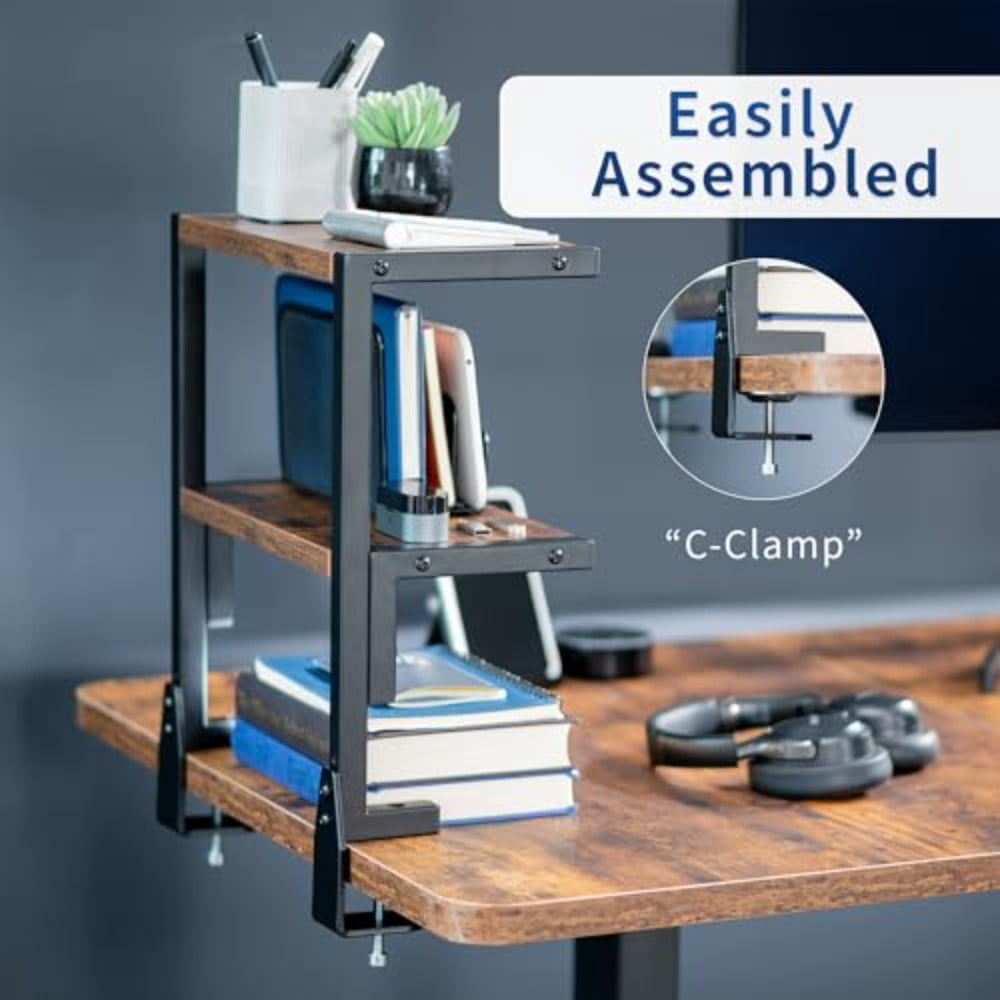 Clamp-on Above or Below Desk 2-Tier Shelving Unit for Table Accessories Gaming Devices and More Storage Tray Desktop Organizer Rustic STAND-SHELF2C-N