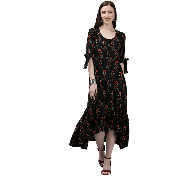 eloria Floral Printed Long Dress With Short Sleeves In Round Neck Design