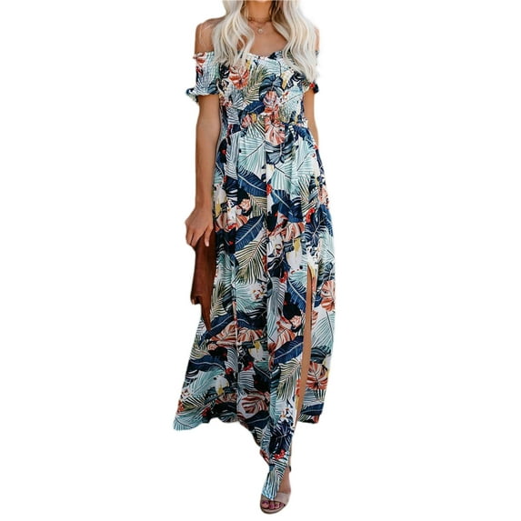 Qiylii Women's Off Shoulder Wrap Dress, Bohemian Short Sleeve Floral Print Long Beach Dress