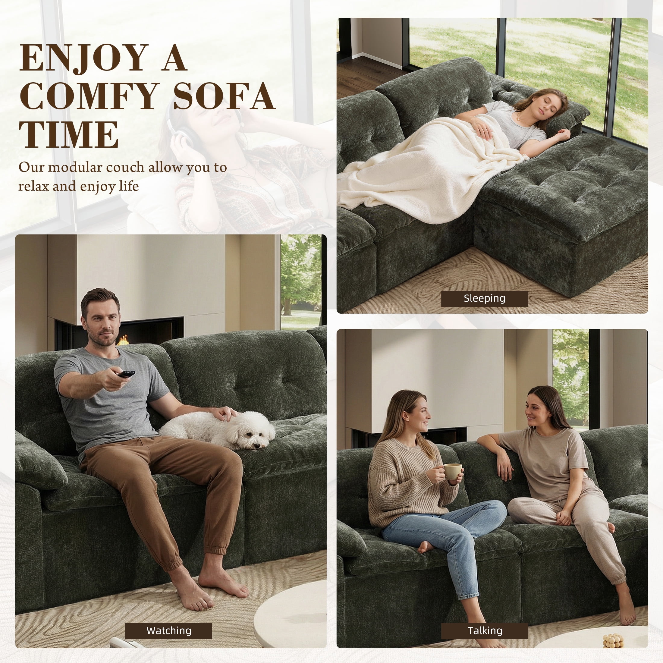 Aukfa 4-Piece L-Shaped Modular Sectional Sofa with Ottoman for Living Room, Ice Flower Chenille, Green