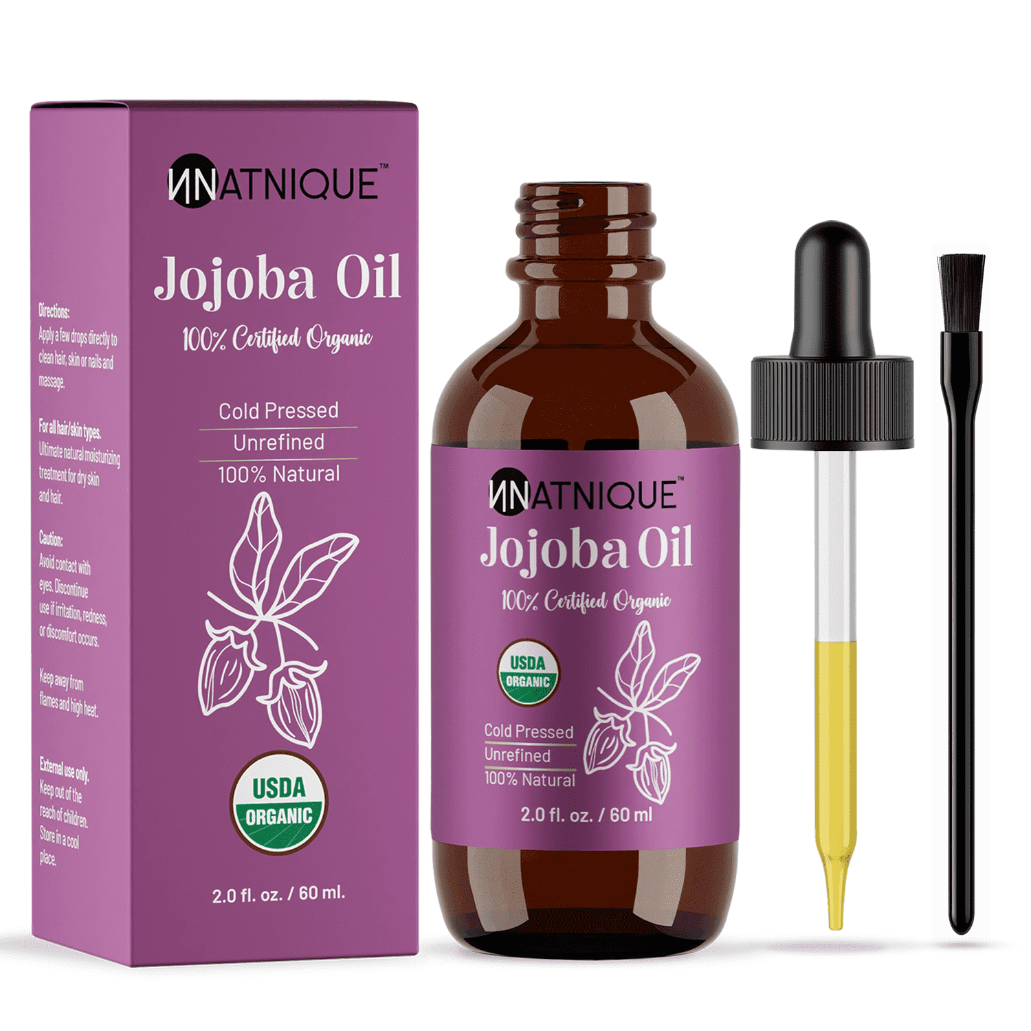 Natnique Natural Oils Non-Greasy Hydrating Organic Jojoba Body Oil, Glass Bottle with Nail Applicator Brush, 2 fl oz