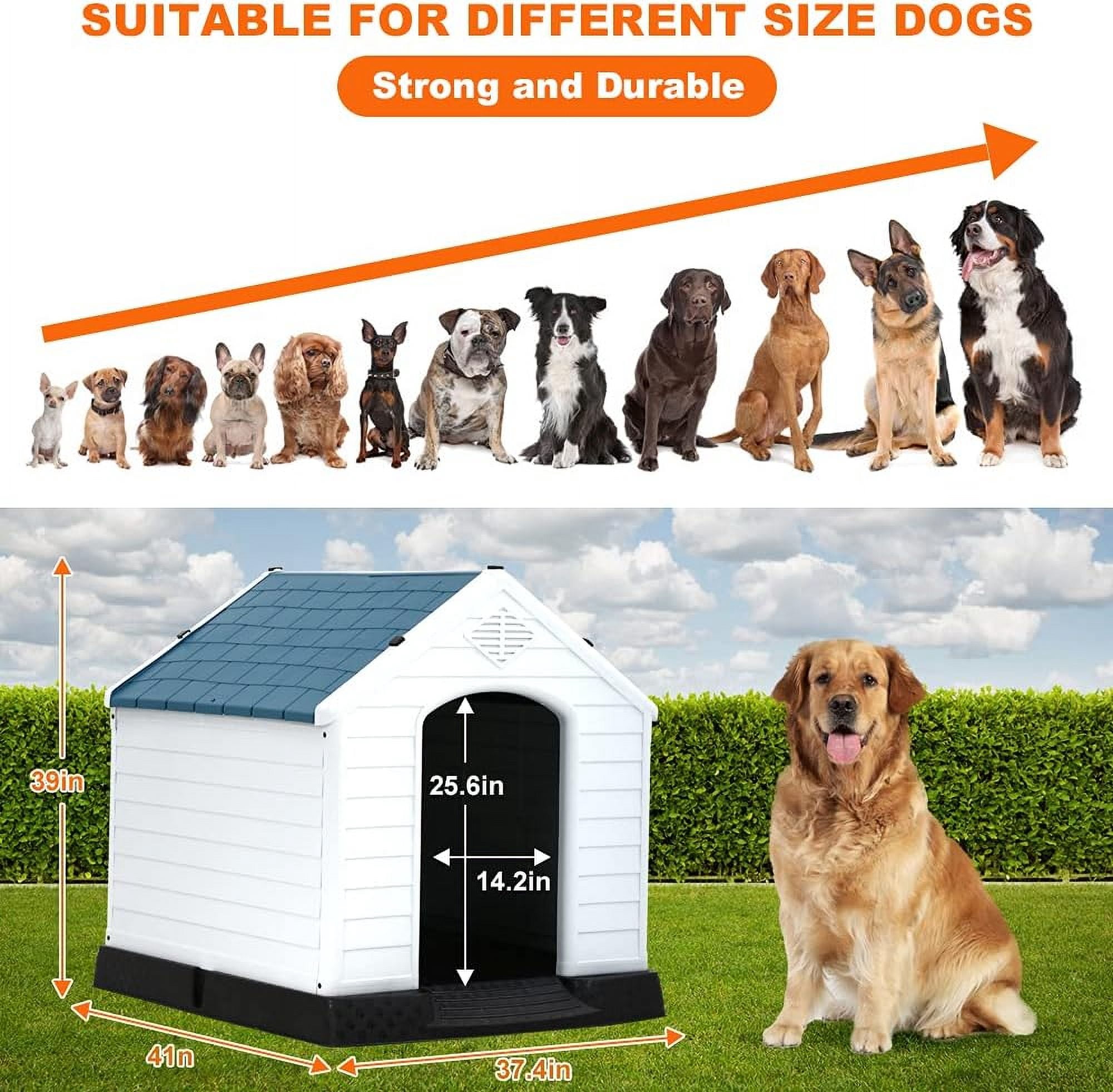 XF XINFENG Large Dog House Plastic Indoor Outdoor Waterproof Dog Kennel with Air Vents Elevated Floor( Blue, 41''L*37.4''W*39''H)