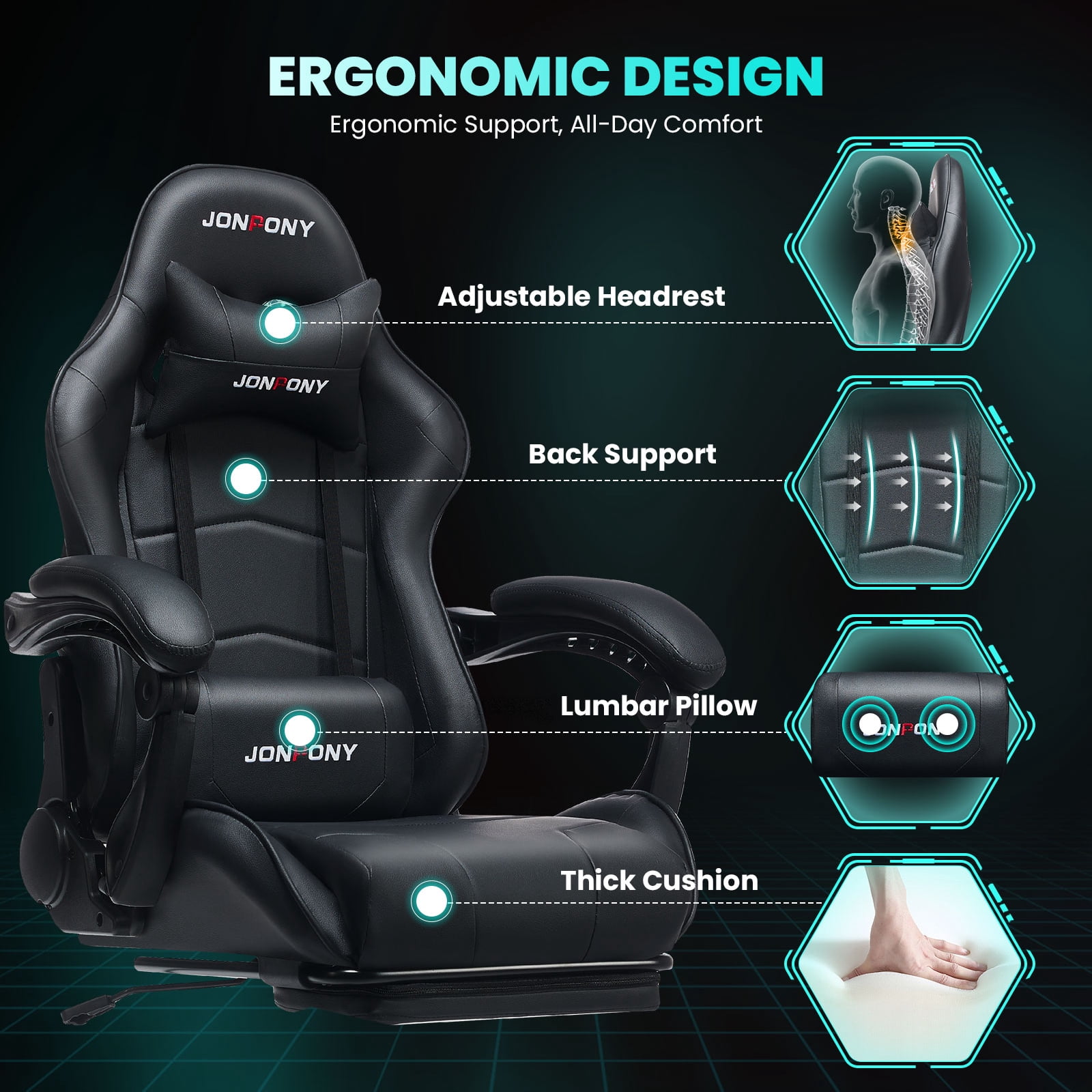 JONPONY Big and Tall 500LBS Gaming Chair, Ergonomic Design, Gamer Chair PU Leather with Footrest and Lumbar Support, High Back Office Chair Support, Long Sitting Computer Chair, Black