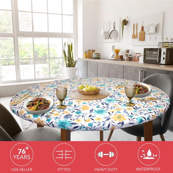 Laminet  Deluxe Elastic Edged Flannel Backed Vinyl Fitted Table Cover - Floating Floral Pattern - Small Round - Fits Tables up to 40" - 44" Diameter (ETFFL48)