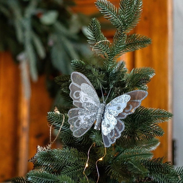 Adornos Navideños: Clips para Árbol de Navidad, Colgantes Calados de Malla Brillante, Tela Plateada | 44 G | 20 X 13,3 X 2 Cm | para Uso Diario y Festivo