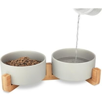 Ceramic Dog Bowls,Dog Bowl Set With Acacia Wood Stand - 13.5oz Ceramic Puppy Bowls For Small Dogs, Dual Food And Water Bowls With Weighted Non-Slip Base