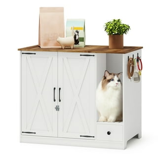 Hidden Cat Litter Box Furniture Enclosure | Double Door Cabinet With Shelves & Charging Station, White