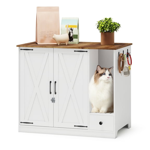 FULLWATT Large/Tall Cat Litter Enclosure, Litter Box Furniture Hidden, Cat Litter Box Enclosure Cabinet Large with Double Doors and Pull-Out Drawer for Self-Cleaning Litter Boxes