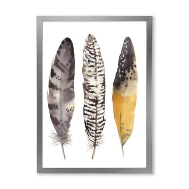 Designart 'Boho Ethnic Art Dark Gray Feathers III' Bohemian & Eclectic Framed Art Print