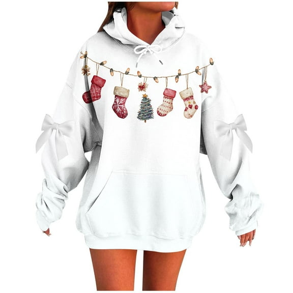 Women Christmas Graphic Oversized Hoodies Sweatshirts Funny Pullover Party Holiday Tops with Bows