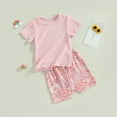 thumbnail image 3 of Musuos Toddler Girls Summer 2-Piece Outfit 6 12 18 24M 3 4T Solid Color Short Sleeve Crew Neck T-Shirt and Elastic Floral Shorts Set, 3 of 10