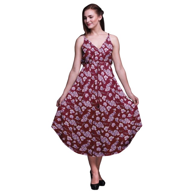 Bimba Floral Ladies Printed Resort Midi Drawstring Dress Spaghetti Strap Beach Wear-Small