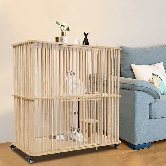 44.1*22*42.5in Rectangular Wooden Large Cat Villa Cat House Cat Cage W/ 4 Wheels
