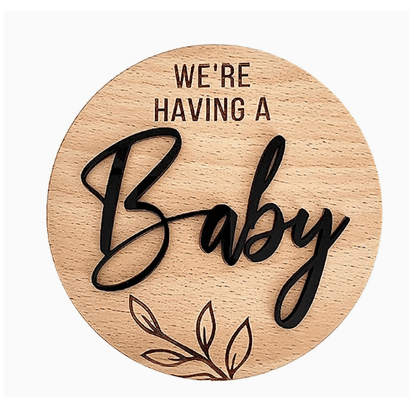 We're Having a Baby Pregnancy Announcement Sign 5.91 Inch Round Wooden Announcement Disc with Black 3D Letters Decoration Maternity Photoshoot Prop, Baby Shower Gifts for Pregnant Moms