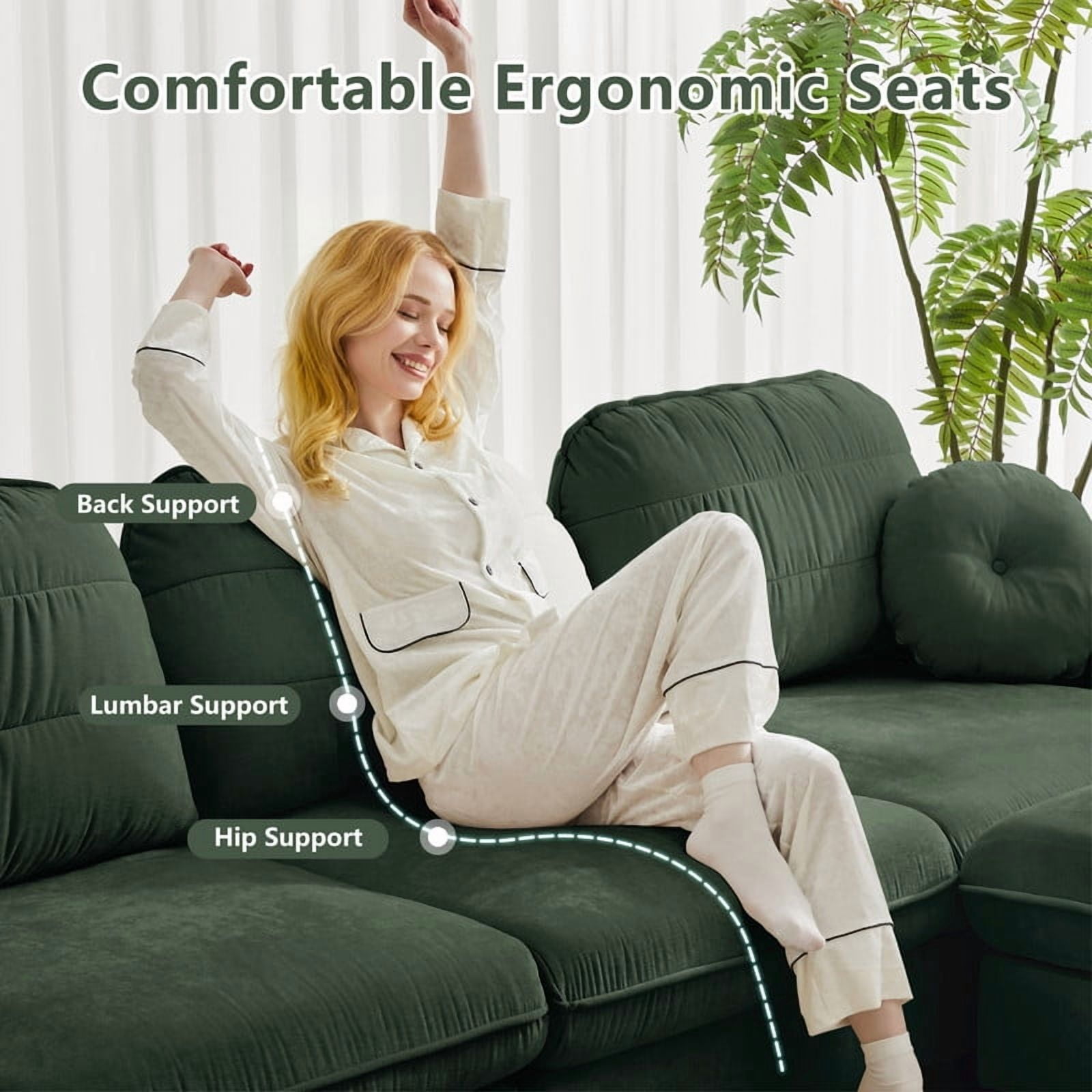 Chenille Modular Sofa with Ottoman, 2-Seater Deep Seat Cloud Couch, Convertible Sectional Sofa with Quilted Cushions & Round Pillows, Modern Sofa for Living Room, Apartment,Green
