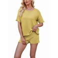 thumbnail image 2 of Women Loose Round Neck Casual Short Sleeve Shorts Knitted Suit Summer 2 Piece Soft Lounge Sets and Shorts Set Yellow S, 2 of 8