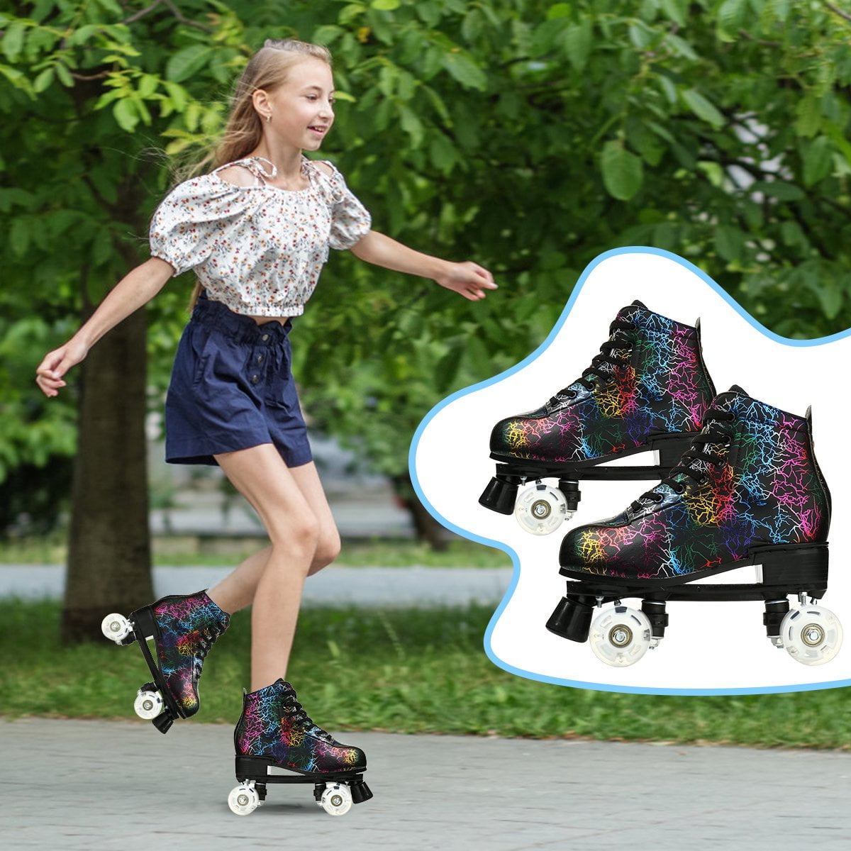 EONROACOO Womens Girls Boys Black Roller Skates Adult Light up Quad Skates(Women 7/Men 6)