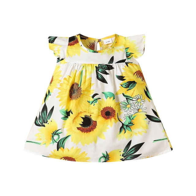Hpapadks Robe pour Filles Manches Volantes Imprimé Tournesol Col Rond Robe Décontractée Robes Filles Blanc 2-3 Ans