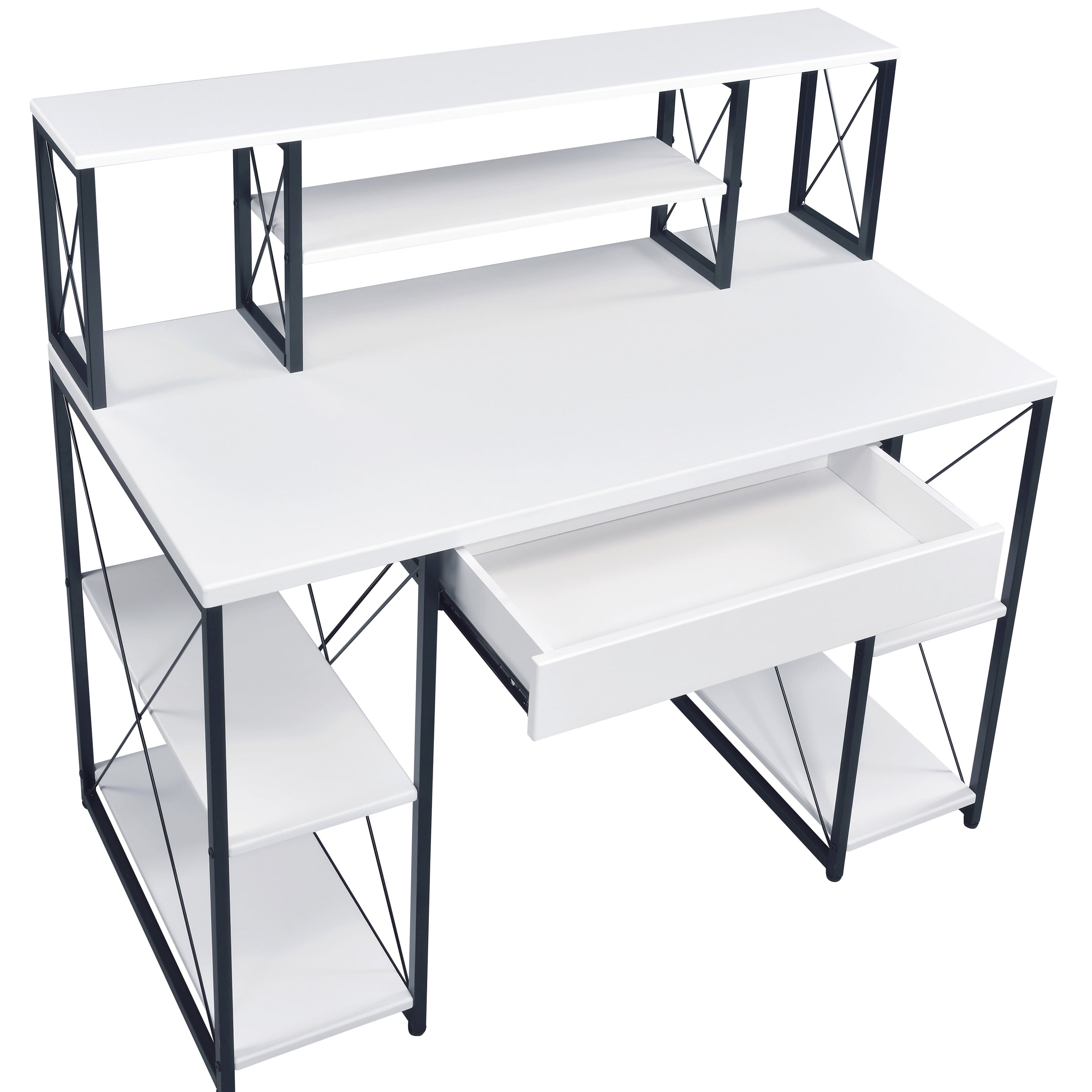 Astoutdoor White and Black Office Desk with Open Shelves and Hutch