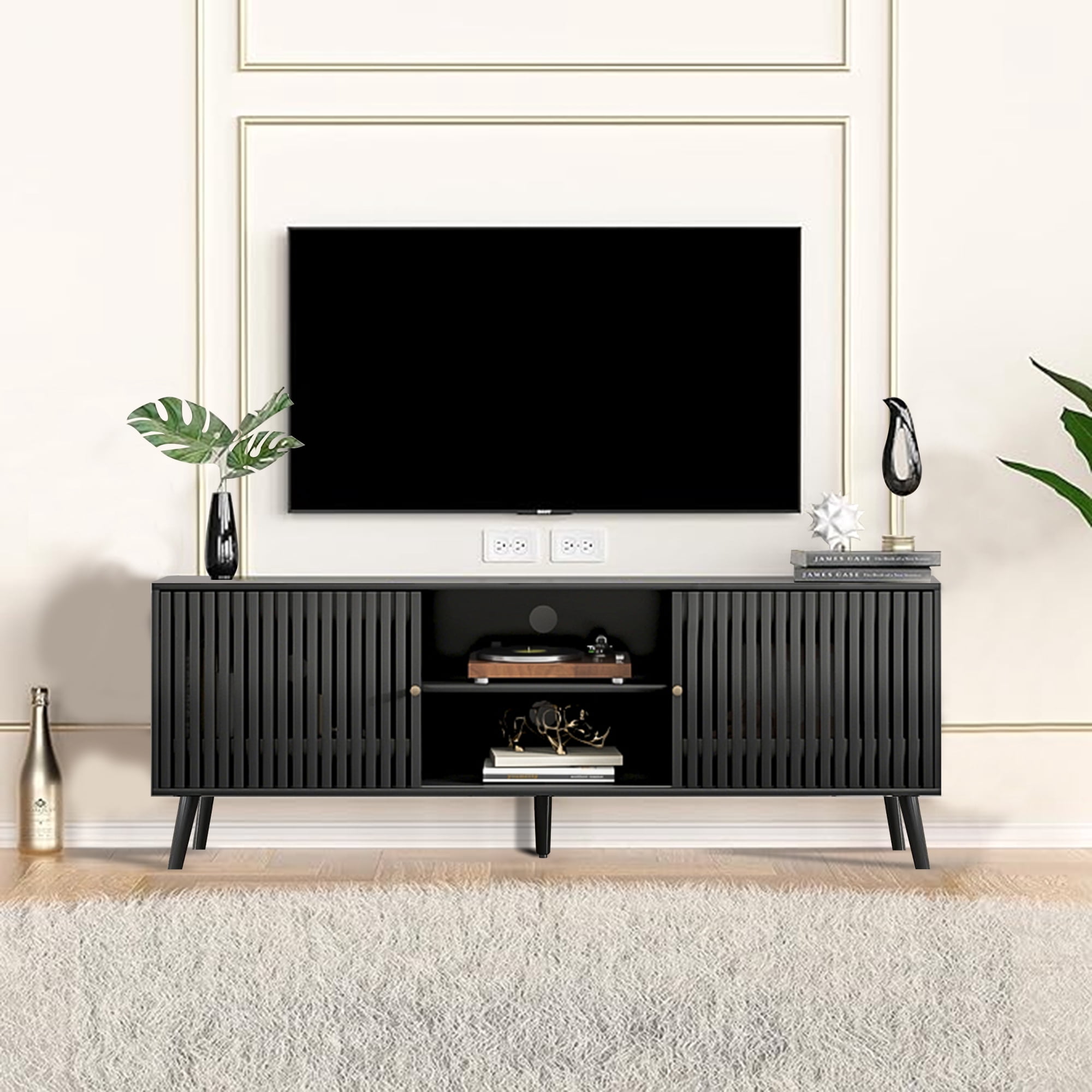 Mid-Century Modern TV Stand for TVs up to 70”, Sliding Door Wood Entertainment Center with Storage