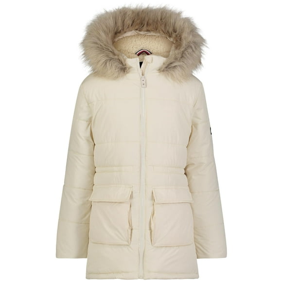 Chaqueta acolchada Tommy Hilfiger para niñas, blanca con capucha de piel sintética, 6 años