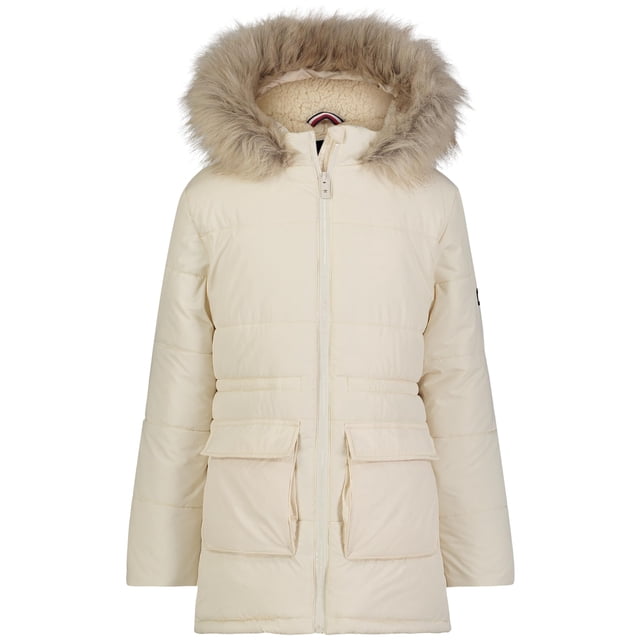 Chaqueta Tommy Hilfiger para niñas, acolchada, blanca con capucha de piel sintética 5