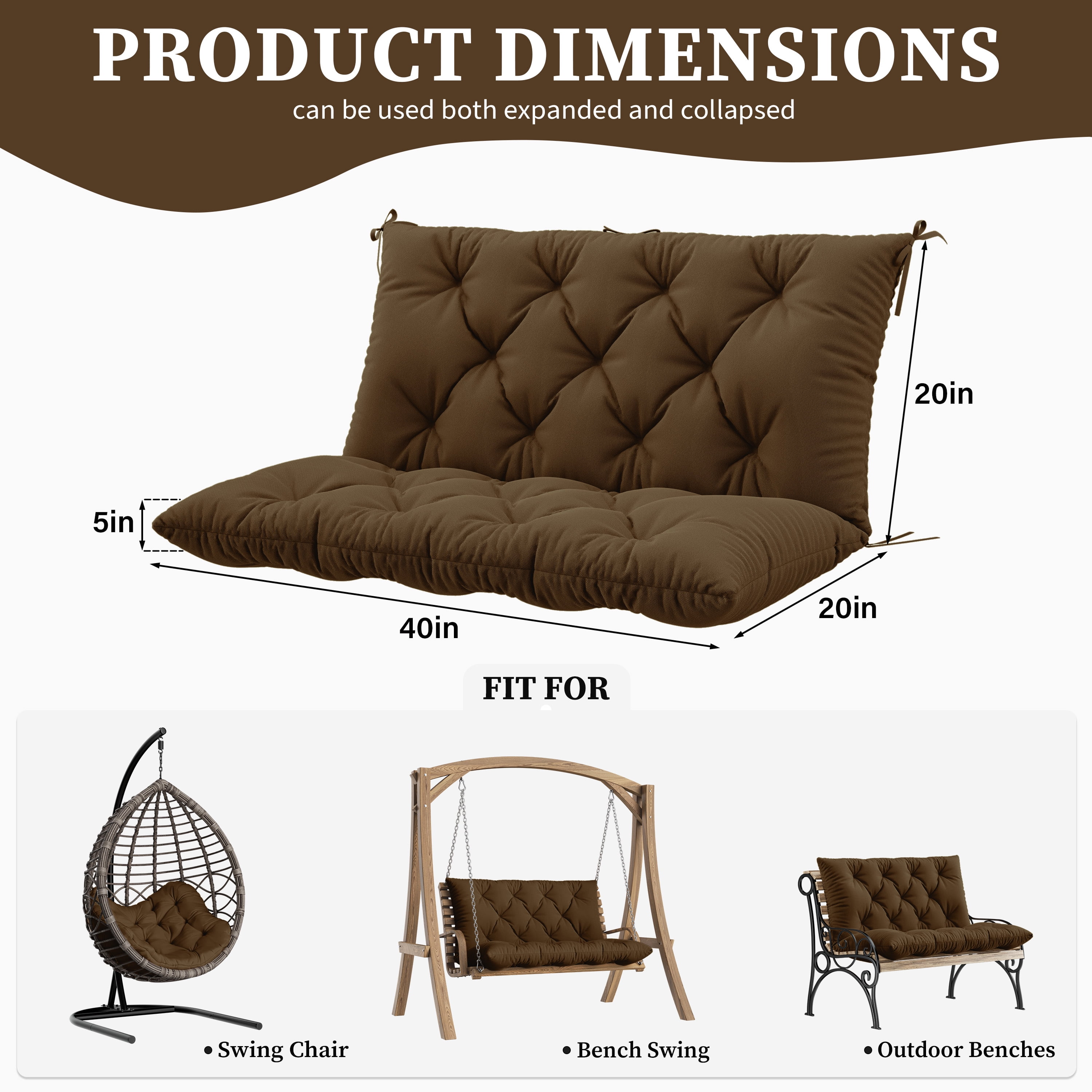 Snubbull Swing Replacement Cushion, Outside Bench Cushion with Backrest, 2 Seater Cushion with 6 Ties for Outdoor Furniture, 40 x 40 x 5 inches Porch SwingCushion Garden Bench, Chocolate