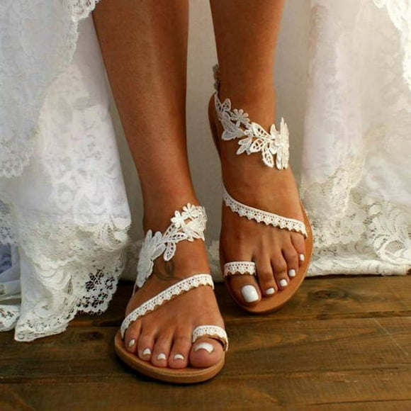 2022 New Summer Bohemian Lace Flower Casual Flat Roman Sandals for Women (White, 38/7.5 Size)