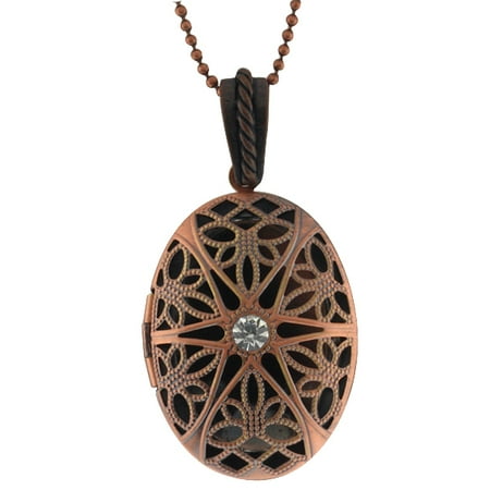1.25" Olive Shape Engraved Filigree Crystal Locket Pendant with 28" Chain