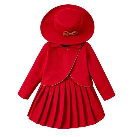 Glisme Clothes For Girls Long Sleeve Coat Pleated Skirt And Hat Three Piece Ensemble Adorable Little Girls Outfits Red