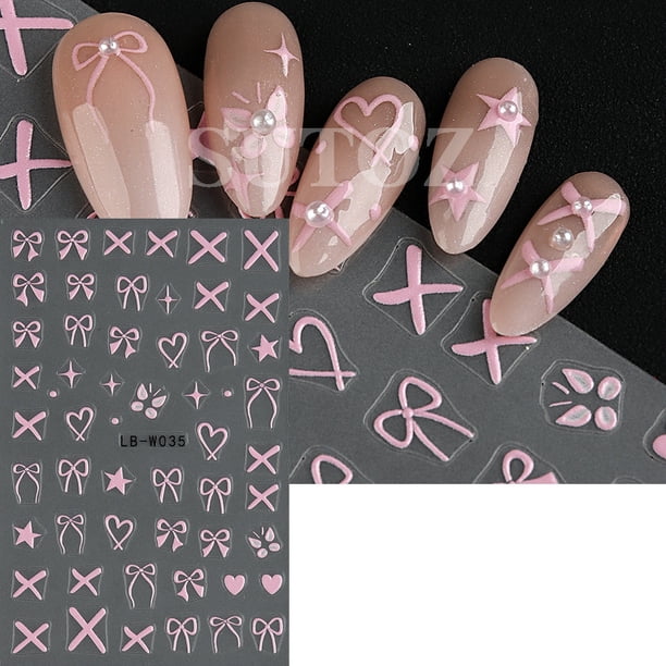 Pegatinas 3D de lazo blanco para uñas, cinta de diseño de pajarita, líneas irregulares románticas simples, calcomanía de manicura para damas y niñas, MO312