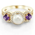 thumbnail image 2 of Gem Stone King 18K Yellow Gold Plated Silver Round Purple Amethyst and Cultured Freshwater Pearl Ring for Women (1.30 Cttw, Gemstone Birthstone, Available in Size 5, 6, 7, 8, 9), 2 of 3