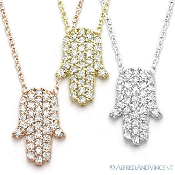 Hamsa Hand Pendant w/ CZ Crystals & Chain Necklace in .925 Sterling Silver