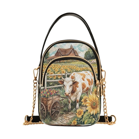 YAZAOO Cross Body Fashion Shoulder Waist Purse Bags Cow with Cart in Sunflower Field Pocket Handbags