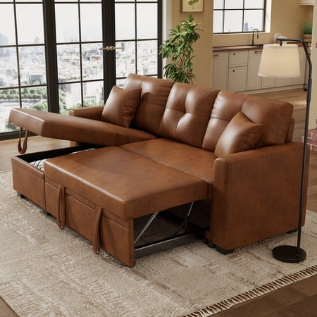 Muumblus Convertible Pull Out Sofa Bed, L-Shaped Sectional Sleeper Couch with Storage Chaise, Vintage Faux Leather Look, Brown Polyester Fabric