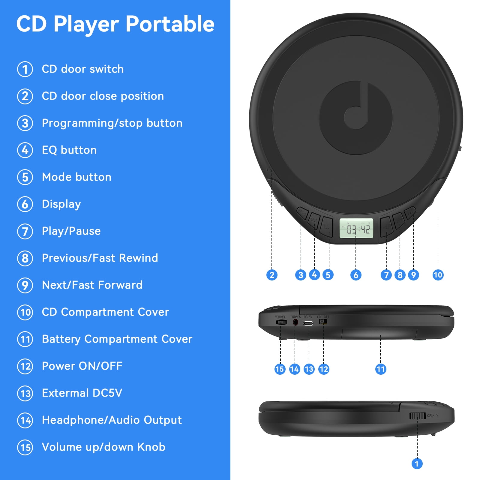 CD Player Portable for Car with Earphones Walkman CD Players Anti-Skip LCD Display Personal Disman Disc Player