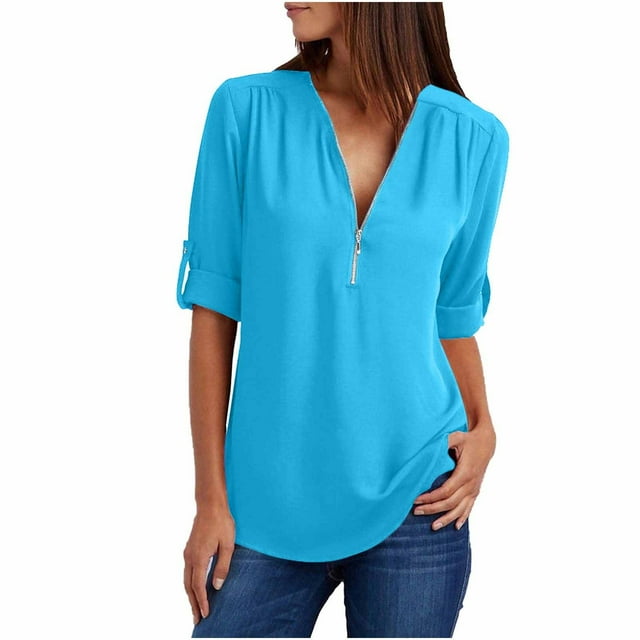 Chemises à Manches Longues pour Femmes Chemises d'Été à Manches Longues Fermeture à Glissière Tunique Décontractée Col en V Blouse Roulable Hauts