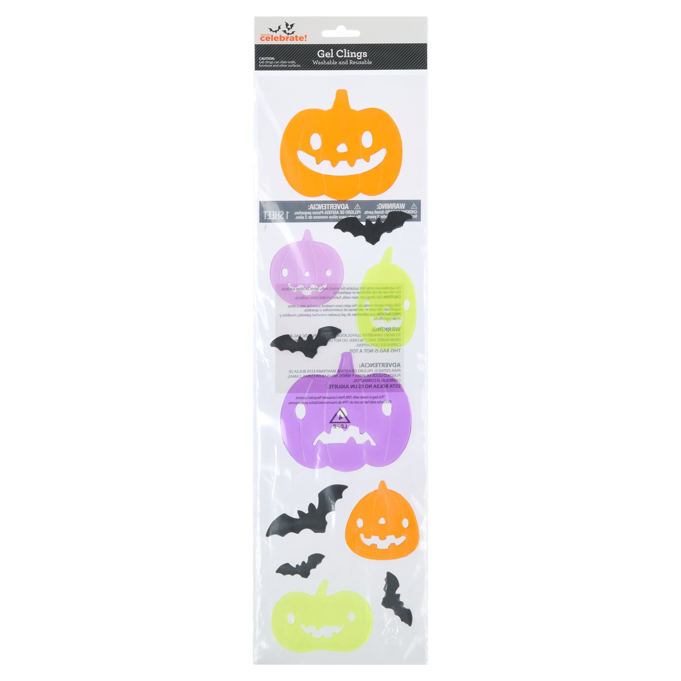 Bats and Jack-o'-Lanterns Gel Clings, Multicolor, 5.4" x 20.9", Halloween by Way To Celebrate