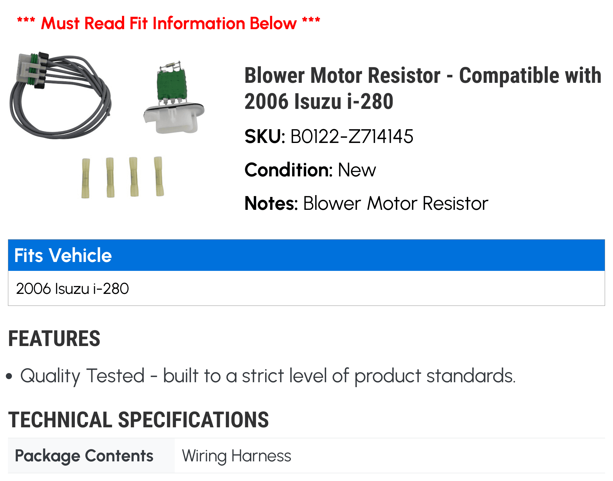 Blower Motor Resistor - Compatible with 2006 Isuzu i-280