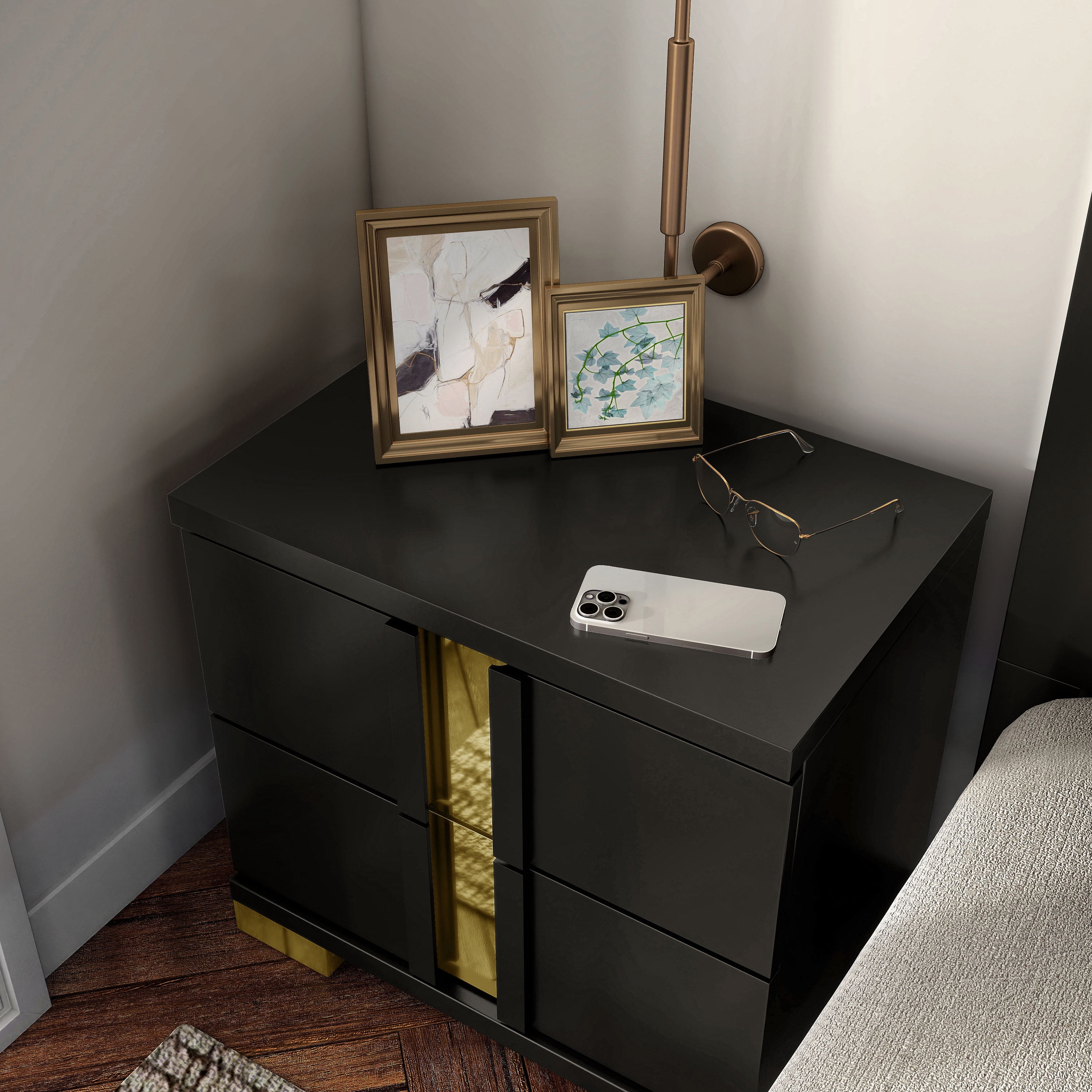 Furniture of America Chora Adult Modern 2-Drawer Nightstand, Black and Gold