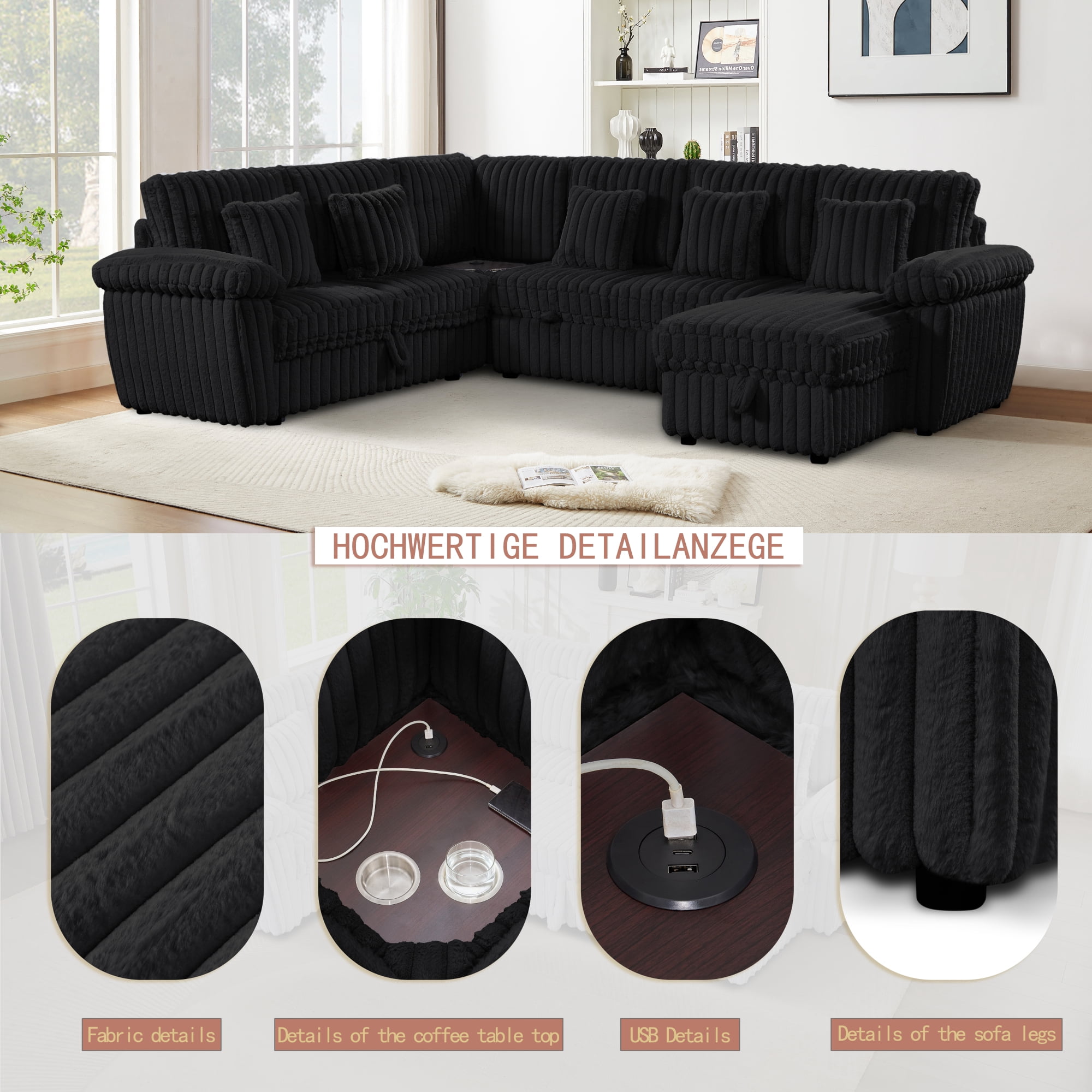 103" U-Shaped Corduroy Sectional Sofa with Pull-Out Sleeper Bed and Storage Chaise, Soft Plush Modular Sofa Couch with Corner Table with Cup Holders and USB Port for Living Room