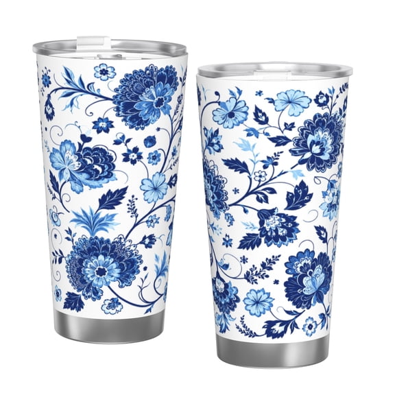 20oz Blue Porcelain Floral Tumbler with Handle Stainless Steel Insulated Travel Coffee Cup Gift with Single Silver Rim