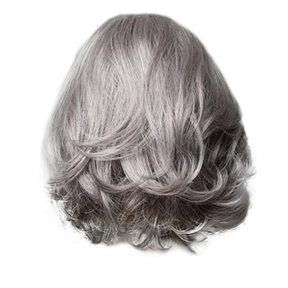 YATLTE Silver Gray Layered Wigs, with Curtain Bangs for Women Synthetic Short Light Grey Wig, Layered Gray Wavy Bob Wig Highlight Grey Curly Bob Wig for Black Women Silver Grey Wig