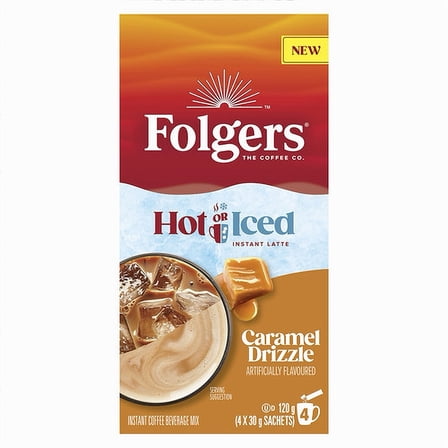 Folgers Hot Or Cold Instant Latte, Caramel Drizzle Flavored, 4 Packets, 120g/4.2 oz